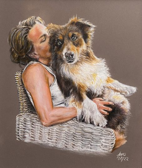 Zeichnung Frau mit Hund auf Korbstuhl 